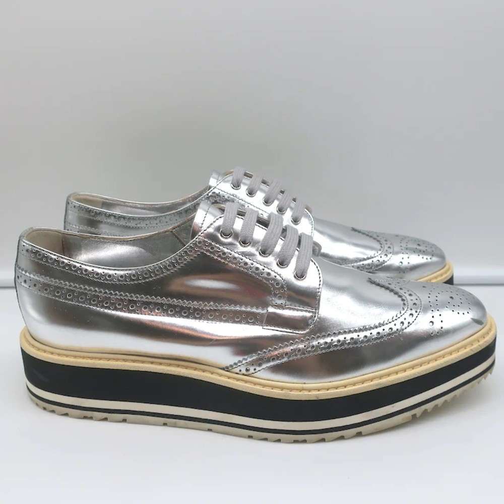 Prada Platform Wingtip Brogues Silver Metallic Leather Size 41 - Picture 3 of 12